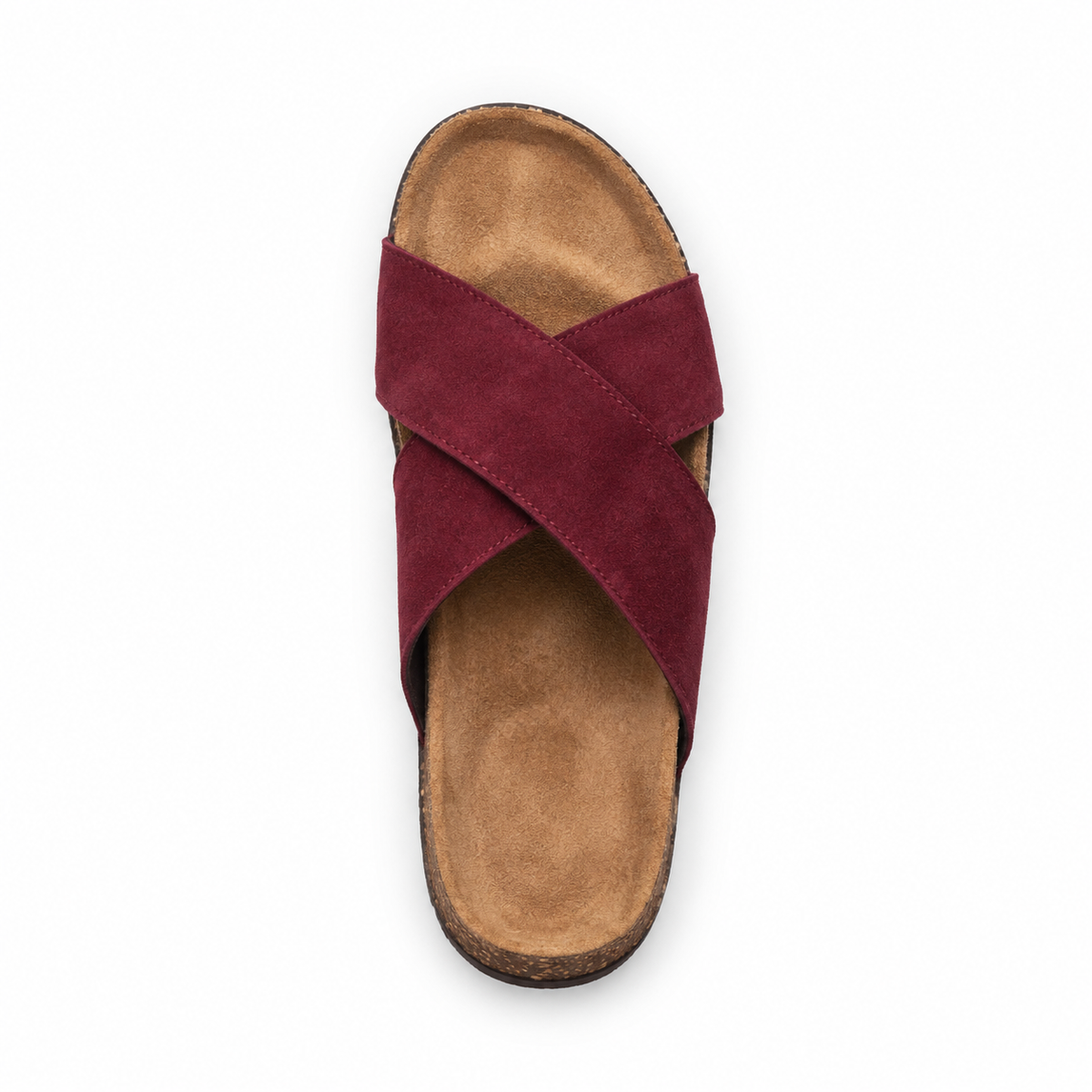 Cove Cross-Strap Slides in Burgundy, EU 37–45, direct overhead top view, toe towards the top of the frame, whole shoe visible