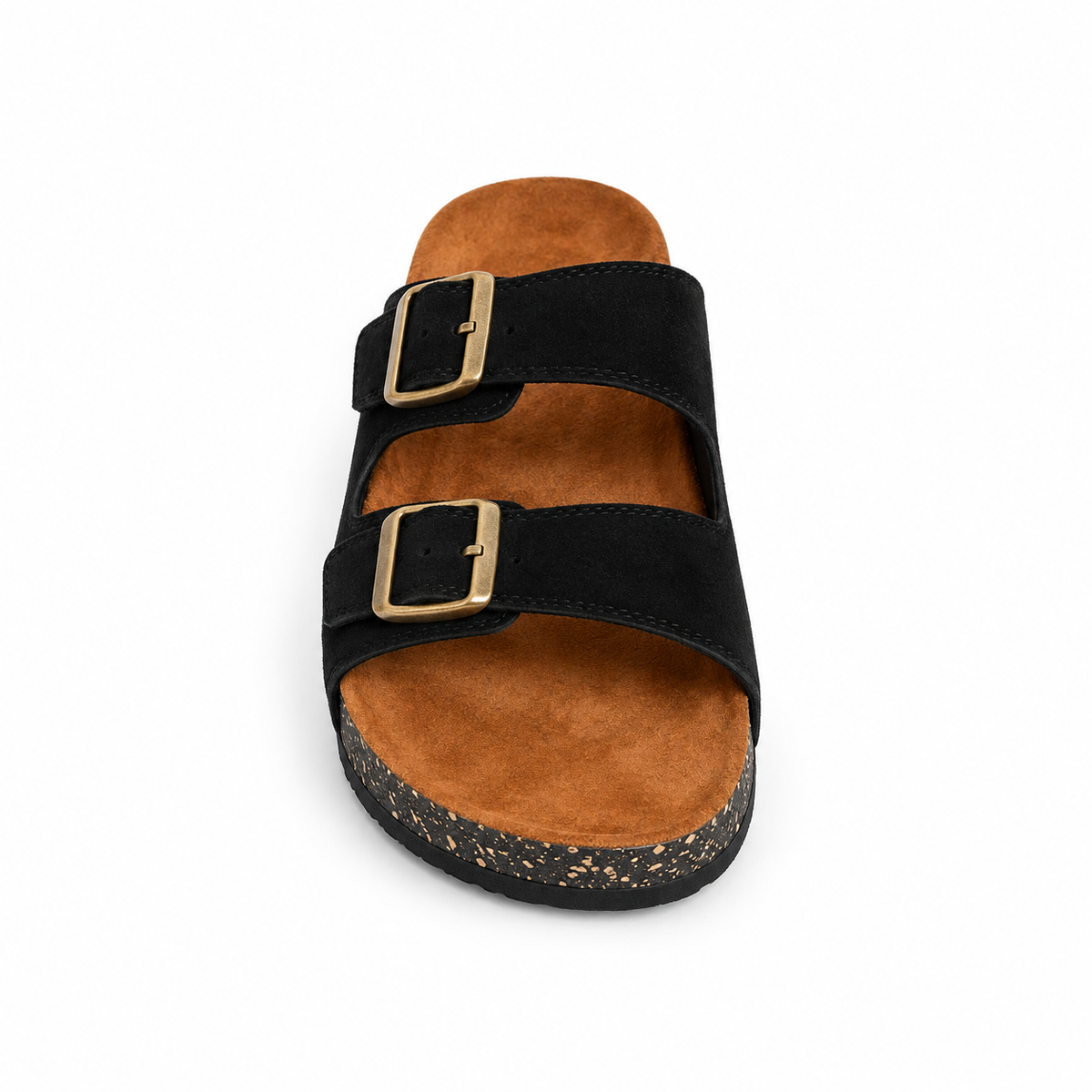 Dune Double-Buckle Sandals in Black, EU 37–45, front view from toe level with a slight downward angle, whole shoe visible
