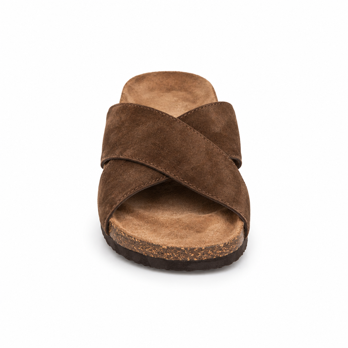 Cove Cross-Strap Slides in Mocha, EU 37–45, front view from toe level with a slight downward angle, whole shoe visible