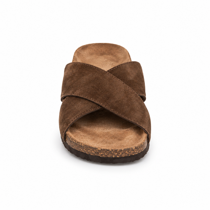 Cove Cross-Strap Slides in Mocha, EU 37–45, front view from toe level with a slight downward angle, whole shoe visible