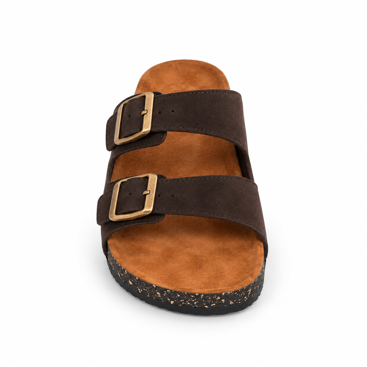 Dune Double-Buckle Sandals in Espresso, EU 37–45, front view from toe level with a slight downward angle, whole shoe visible
