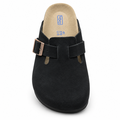 Haven Copper Buckle Clogs — Black, front view