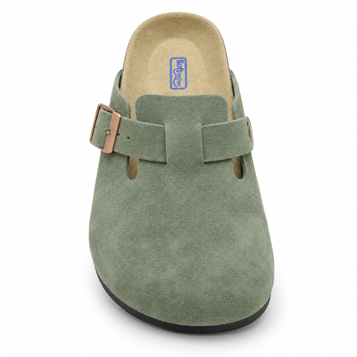Haven Copper Buckle Clogs — Sage, front view