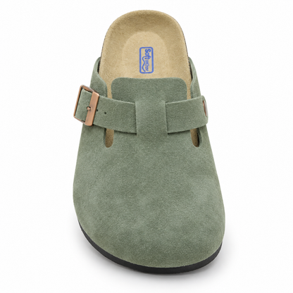Haven Copper Buckle Clogs — Sage, front view