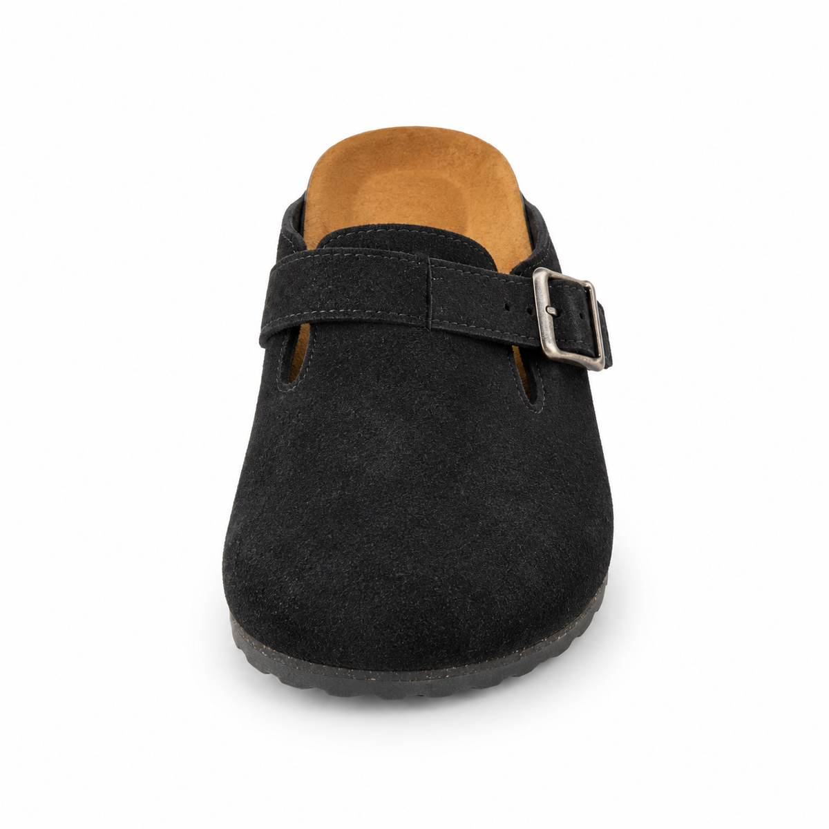 Haven Buckle Clogs in Black, EU 37–45, front view from toe level with a slight downward angle, whole shoe visible
