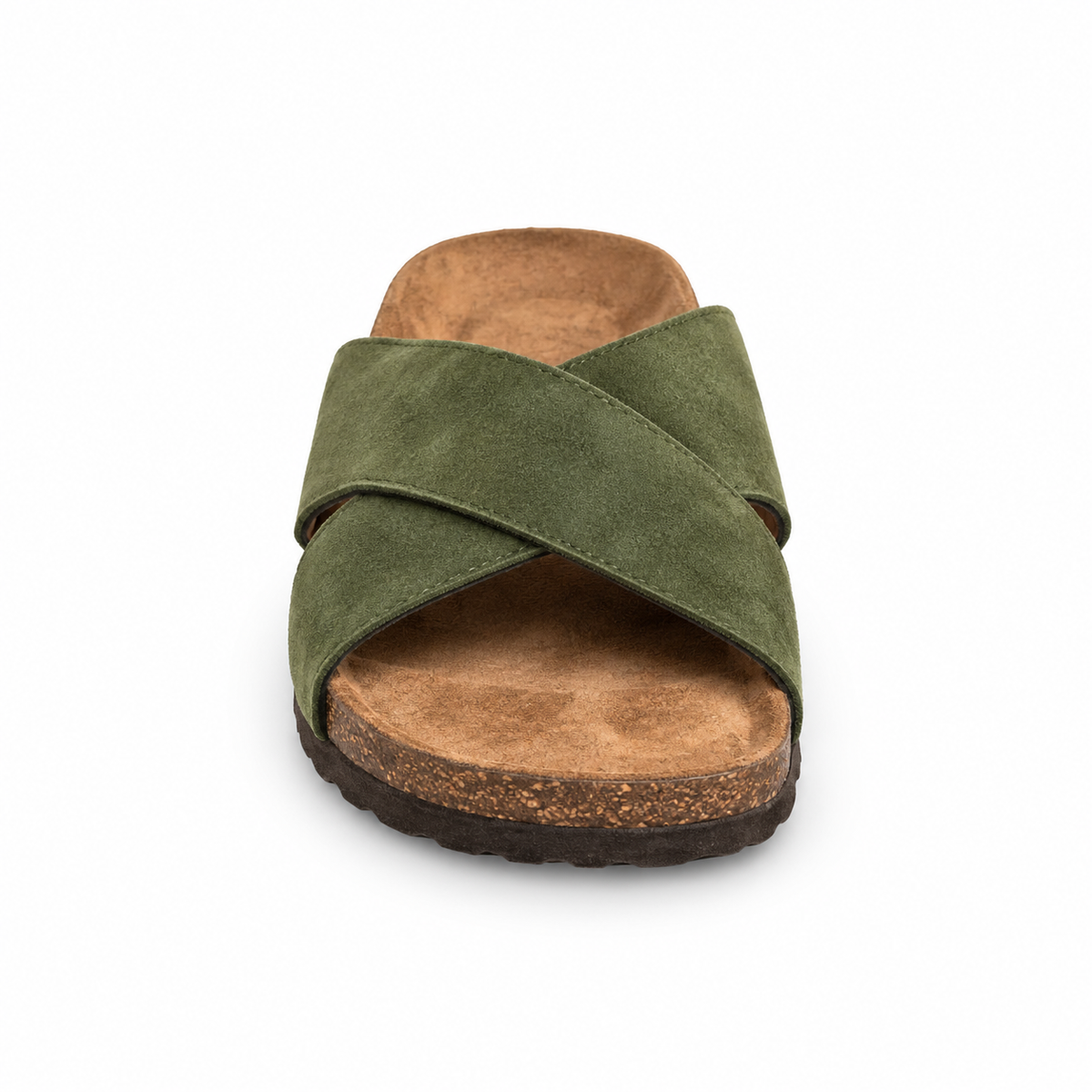 Cove Cross-Strap Slides in Olive, EU 37–45, front view from toe level with a slight downward angle, whole shoe visible