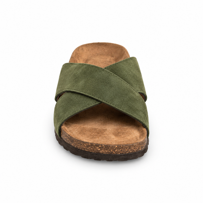 Cove Cross-Strap Slides in Olive, EU 37–45, front view from toe level with a slight downward angle, whole shoe visible