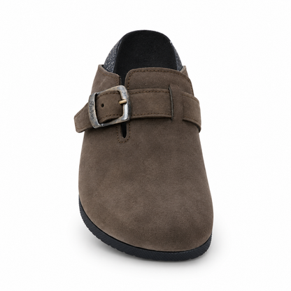 Haven Buckle Clogs in Mocha, EU 37–45, front view from toe level with a slight downward angle, whole shoe visible