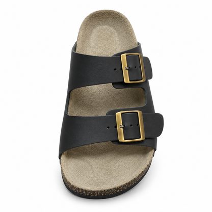 Dune Smooth Double-Buckle Sandals — Black, front view