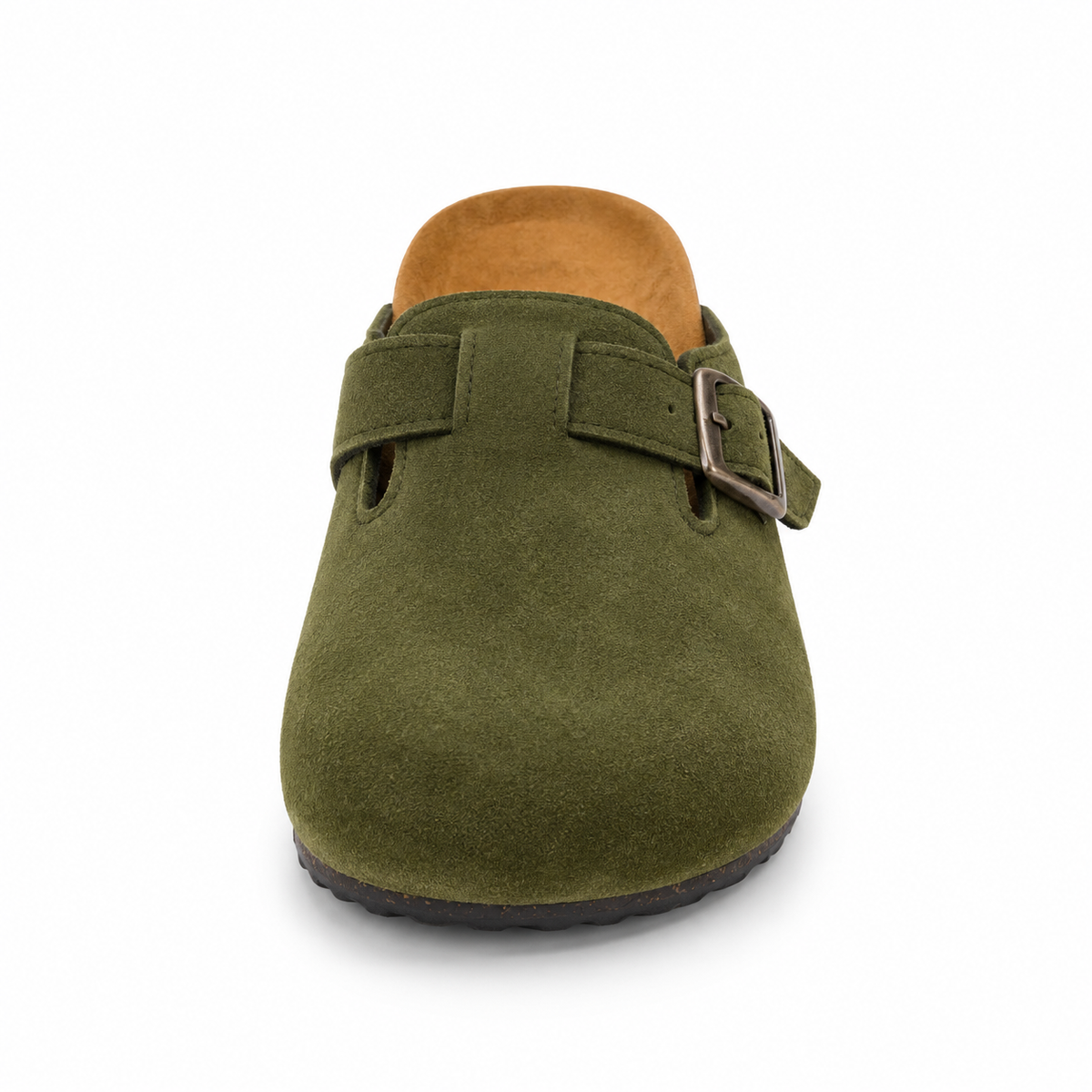 Haven Buckle Clogs in Olive, EU 37–45, front view from toe level with a slight downward angle, whole shoe visible