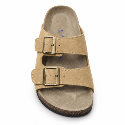 Dune Textured Double-Buckle Sandals — Sand, front view