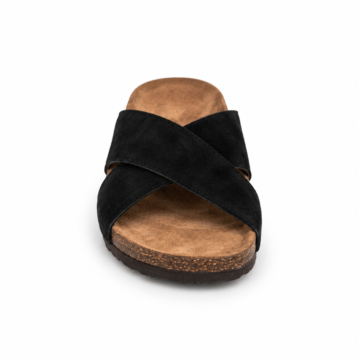 Cove Cross-Strap Slides in Black, EU 37–45, front view from toe level with a slight downward angle, whole shoe visible