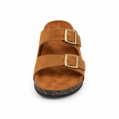 Dune Double-Buckle Sandals in Camel, EU 37–45, front view from toe level with a slight downward angle, whole shoe visible