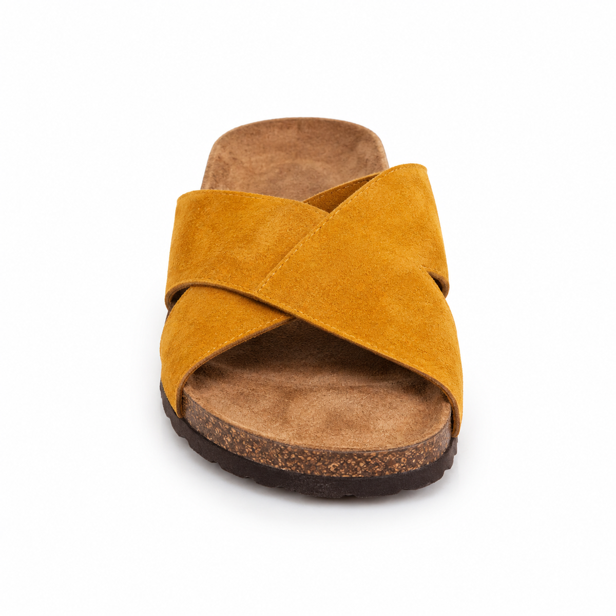 Cove Cross-Strap Slides in Ochre, EU 37–45, front view from toe level with a slight downward angle, whole shoe visible