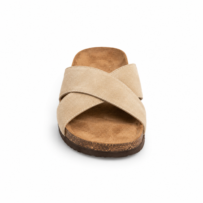 Cove Cross-Strap Slides in Sand, EU 37–45, front view from toe level with a slight downward angle, whole shoe visible