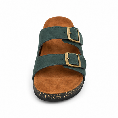 Dune Double-Buckle Sandals in Forest, EU 37–45, front view from toe level with a slight downward angle, whole shoe visible