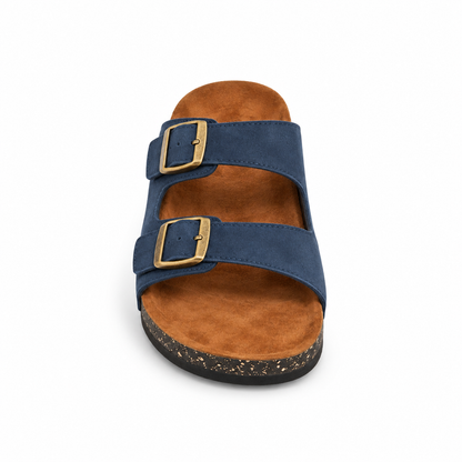 Dune Double-Buckle Sandals in Navy, EU 37–45, front view from toe level with a slight downward angle, whole shoe visible
