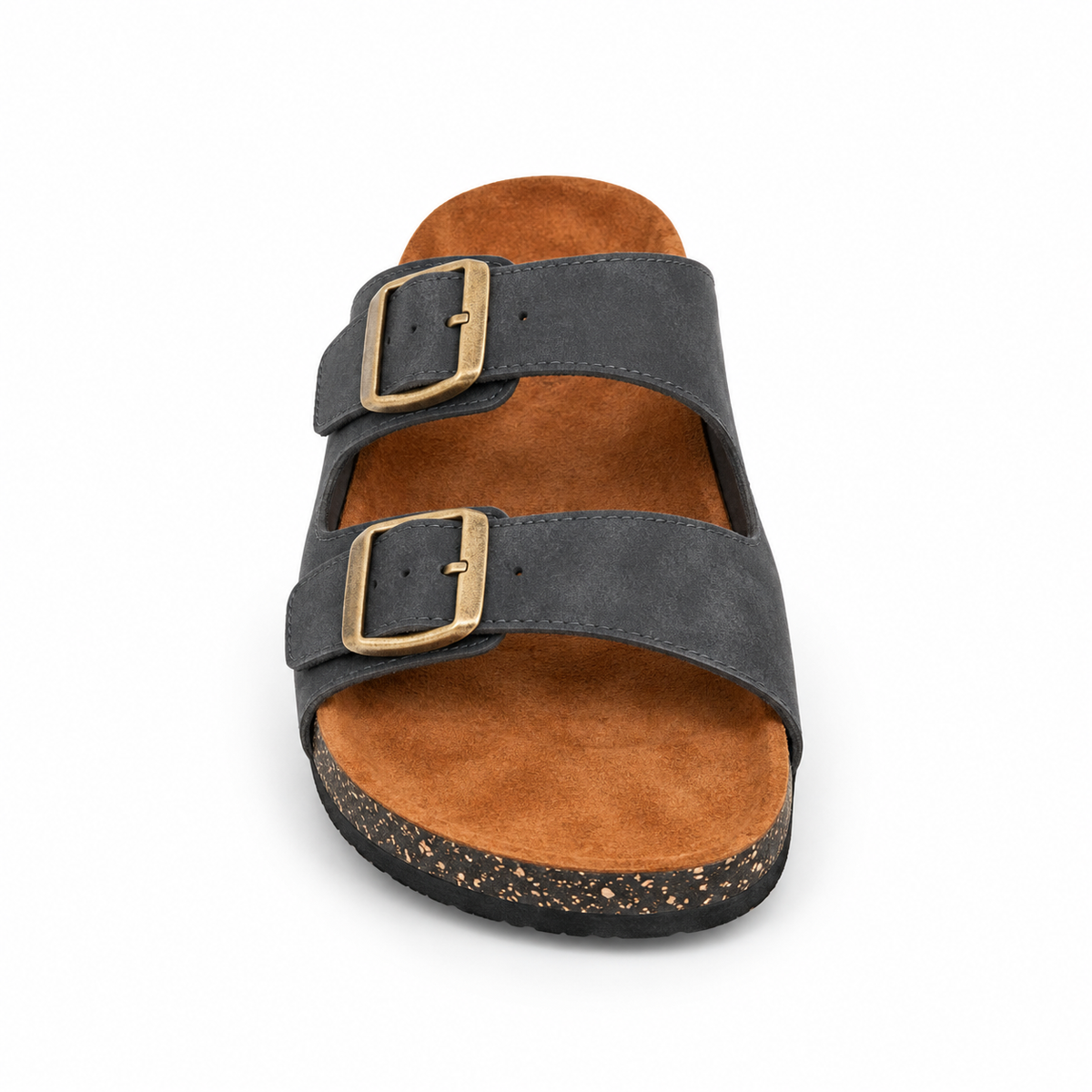 Dune Double-Buckle Sandals in Charcoal, EU 37–45, front view from toe level with a slight downward angle, whole shoe visible