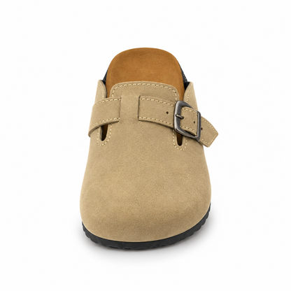 Haven Buckle Clogs in Sand, EU 37–45, front view from toe level with a slight downward angle, whole shoe visible