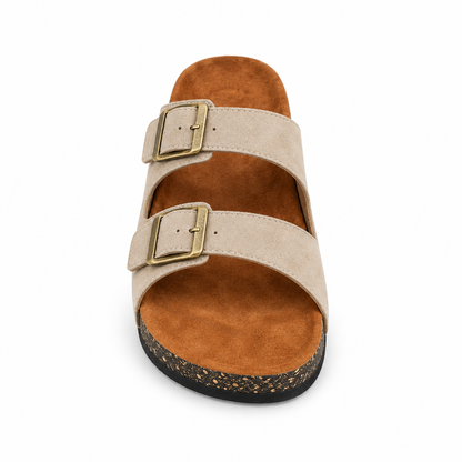 Dune Double-Buckle Sandals in Sand, EU 37–45, front view from toe level with a slight downward angle, whole shoe visible