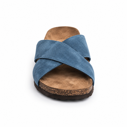 Cove Cross-Strap Slides in Denim, EU 37–45, front view from toe level with a slight downward angle, whole shoe visible