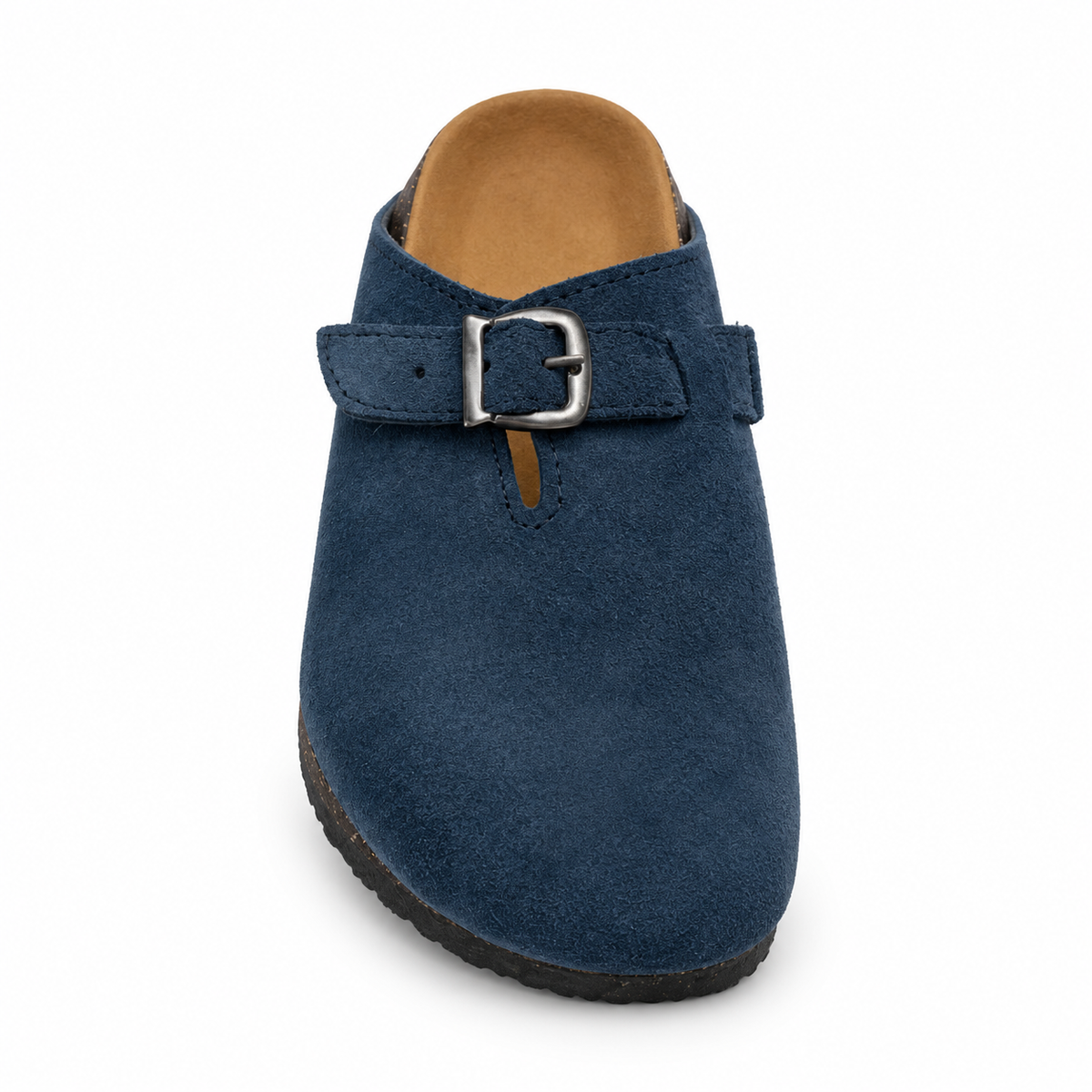 Haven Buckle Clogs in Navy, EU 37–45, front view from toe level with a slight downward angle, whole shoe visible