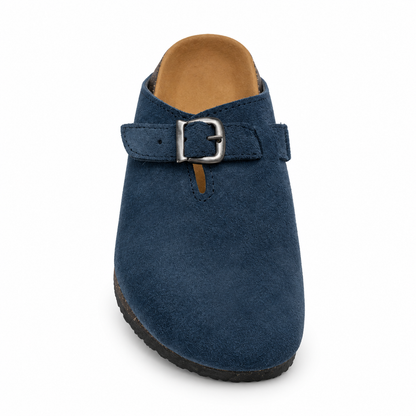 Haven Buckle Clogs in Navy, EU 37–45, front view from toe level with a slight downward angle, whole shoe visible