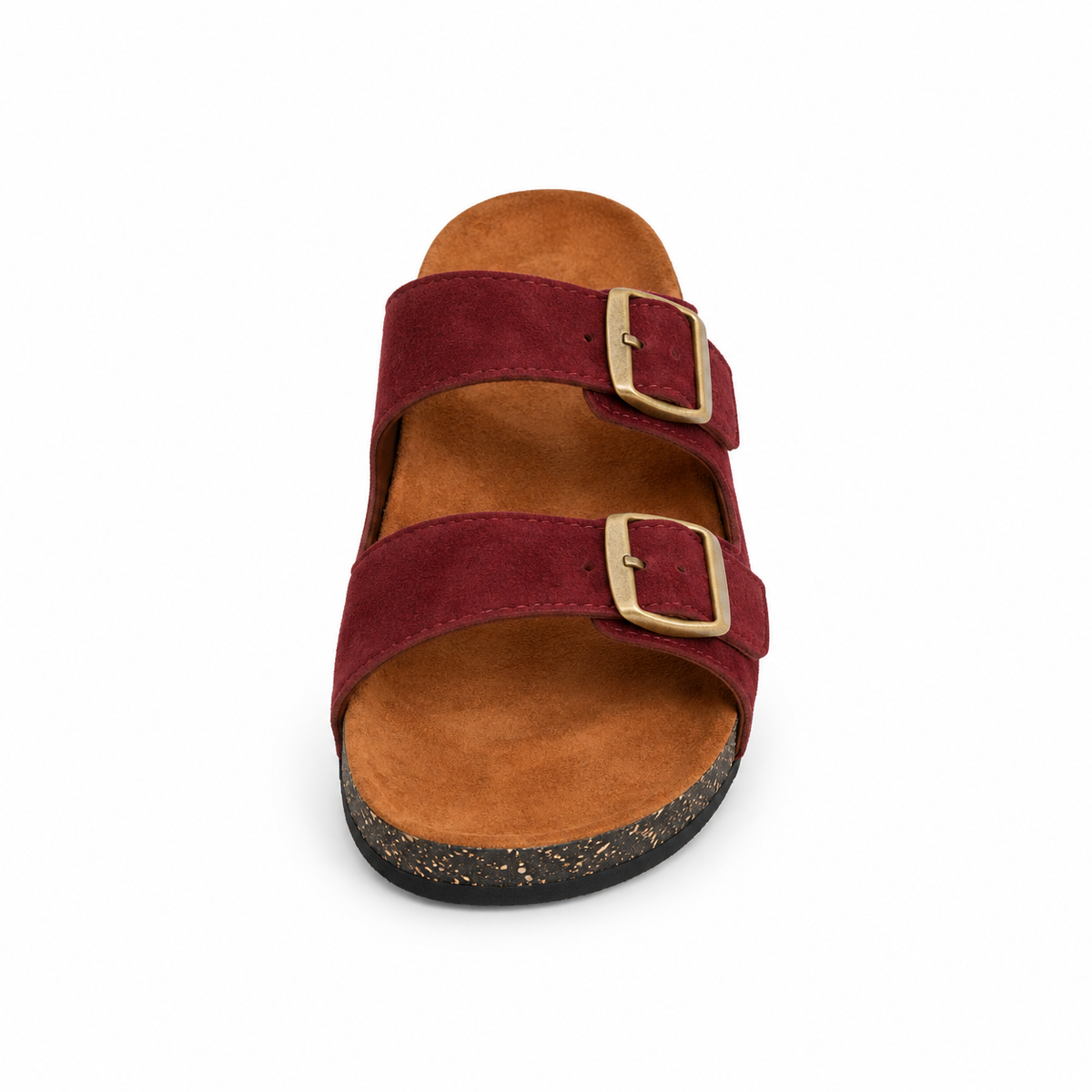 Dune Double-Buckle Sandals in Burgundy, EU 37–45, front view from toe level with a slight downward angle, whole shoe visible