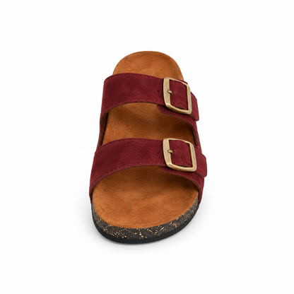Dune Double-Buckle Sandals in Burgundy, EU 37–45, front view from toe level with a slight downward angle, whole shoe visible