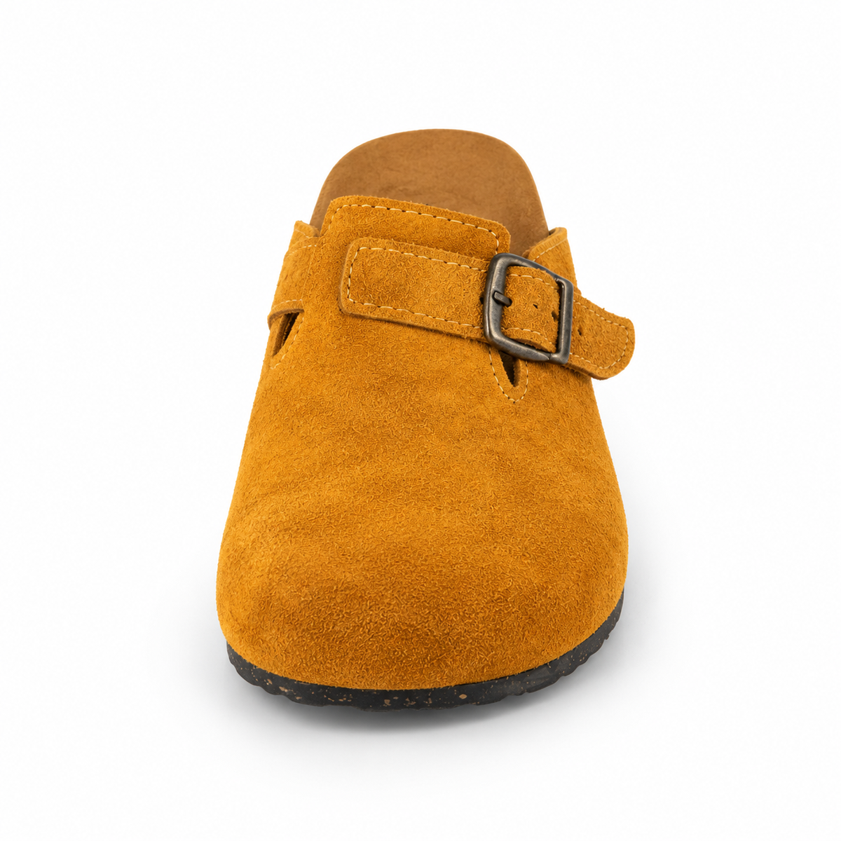 Haven Buckle Clogs in Ochre, EU 37–45, front view from toe level with a slight downward angle, whole shoe visible