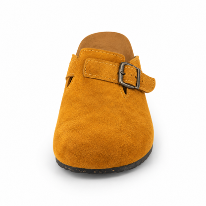 Haven Buckle Clogs in Ochre, EU 37–45, front view from toe level with a slight downward angle, whole shoe visible