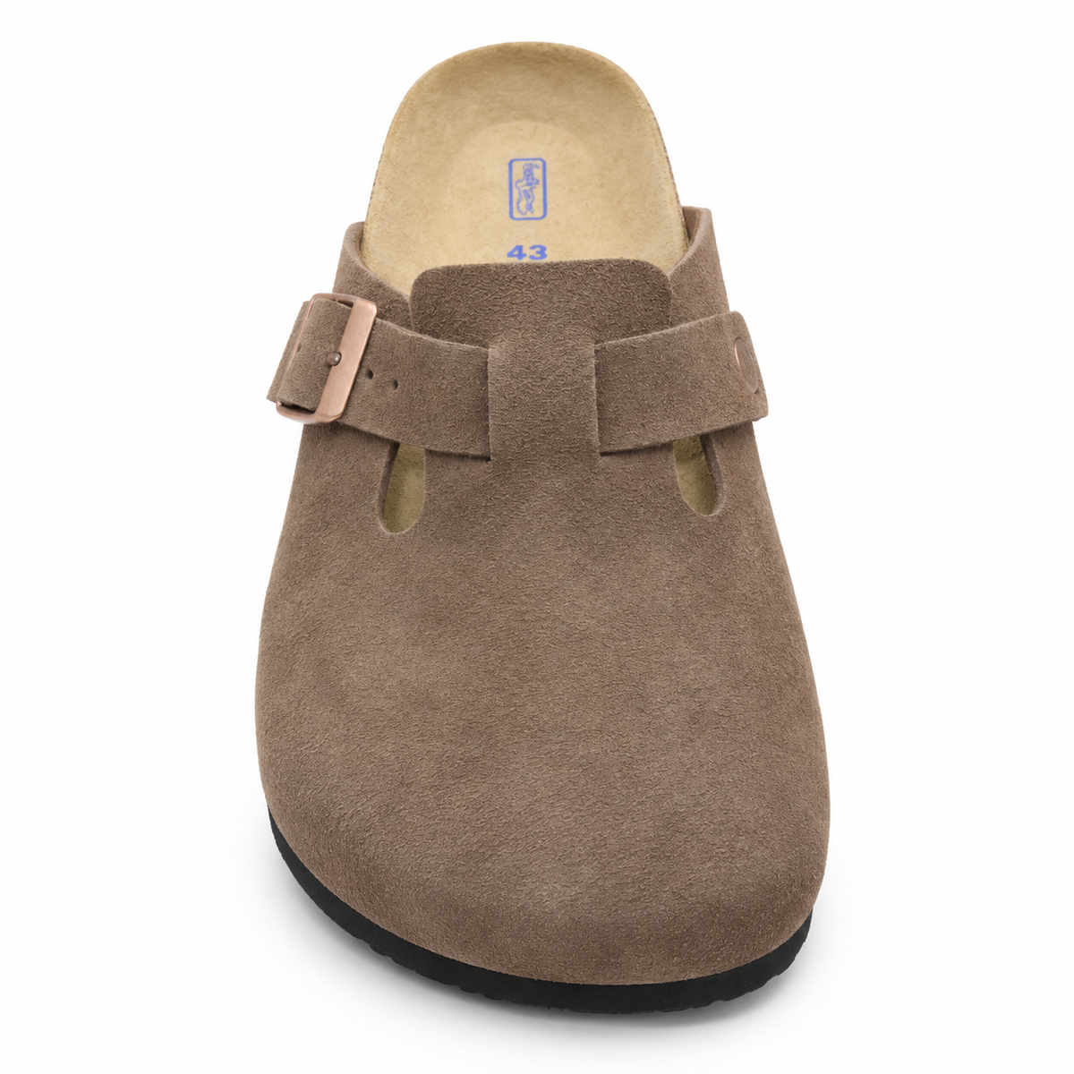 Haven Copper Buckle Clogs — Taupe, front view