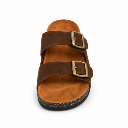 Dune Double-Buckle Sandals in Chocolate, EU 37–45, front view from toe level with a slight downward angle, whole shoe visible