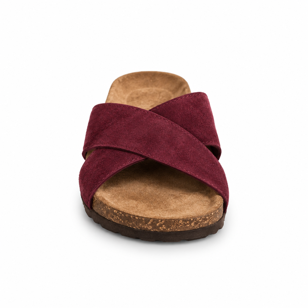 Cove Cross-Strap Slides in Burgundy, EU 37–45, front view from toe level with a slight downward angle, whole shoe visible