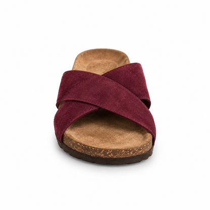 Cove Cross-Strap Slides in Burgundy, EU 37–45, front view from toe level with a slight downward angle, whole shoe visible