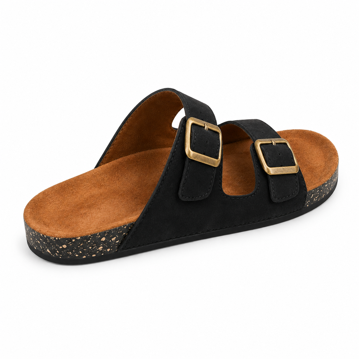 Dune Double-Buckle Sandals in Black, EU 37–45, rear three-quarter elevated view showing the open heel and inner footbed, whole shoe visible; do not show an invented outsole tread