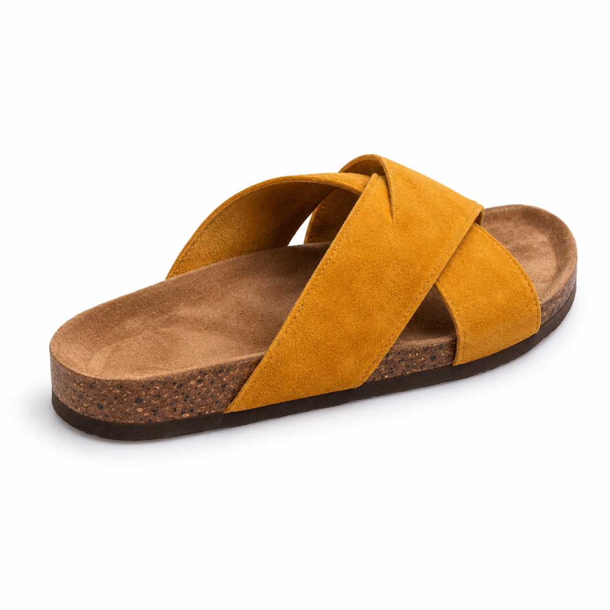 Cove Cross-Strap Slides in Ochre, EU 37–45, rear three-quarter elevated view showing the open heel and inner footbed, whole shoe visible; do not show an invented outsole tread