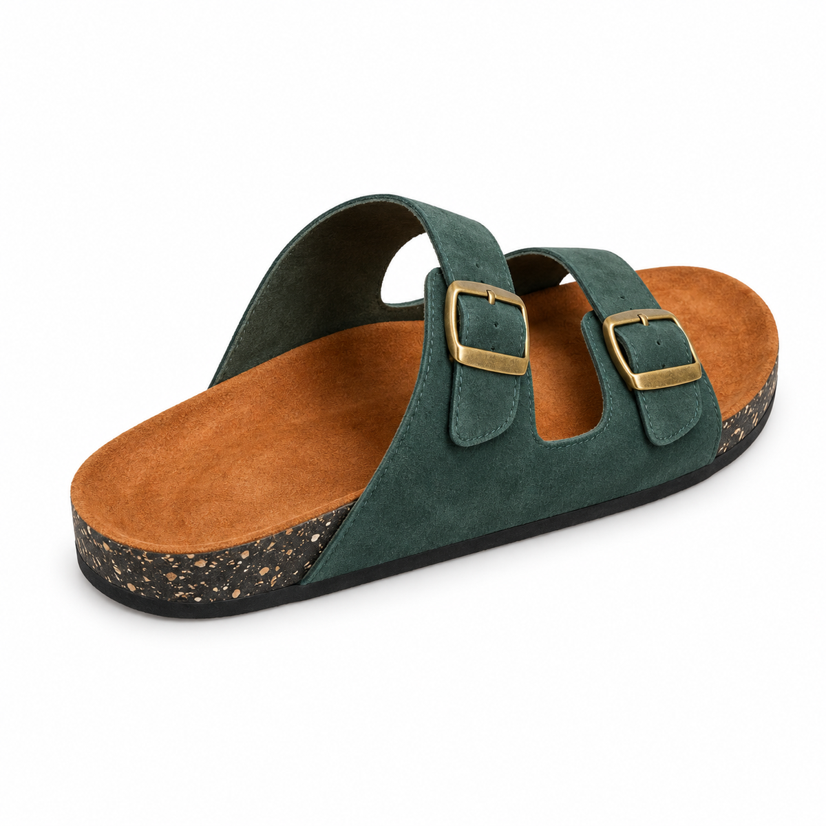 Dune Double-Buckle Sandals in Forest, EU 37–45, rear three-quarter elevated view showing the open heel and inner footbed, whole shoe visible; do not show an invented outsole tread