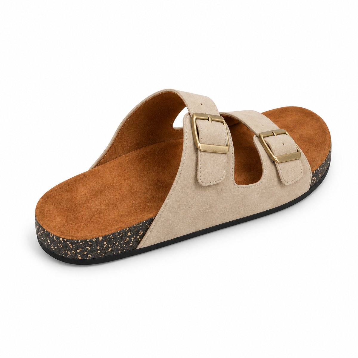 Dune Double-Buckle Sandals in Sand, EU 37–45, rear three-quarter elevated view showing the open heel and inner footbed, whole shoe visible; do not show an invented outsole tread