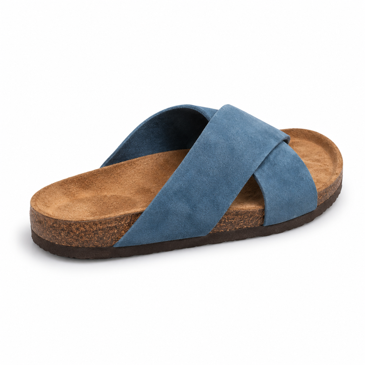 Cove Cross-Strap Slides in Denim, EU 37–45, rear three-quarter elevated view showing the open heel and inner footbed, whole shoe visible; do not show an invented outsole tread