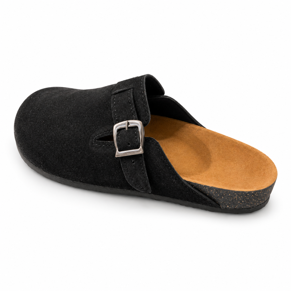 Haven Buckle Clogs in Black, EU 37–45, rear three-quarter elevated view showing the open heel and inner footbed, whole shoe visible; do not show an invented outsole tread