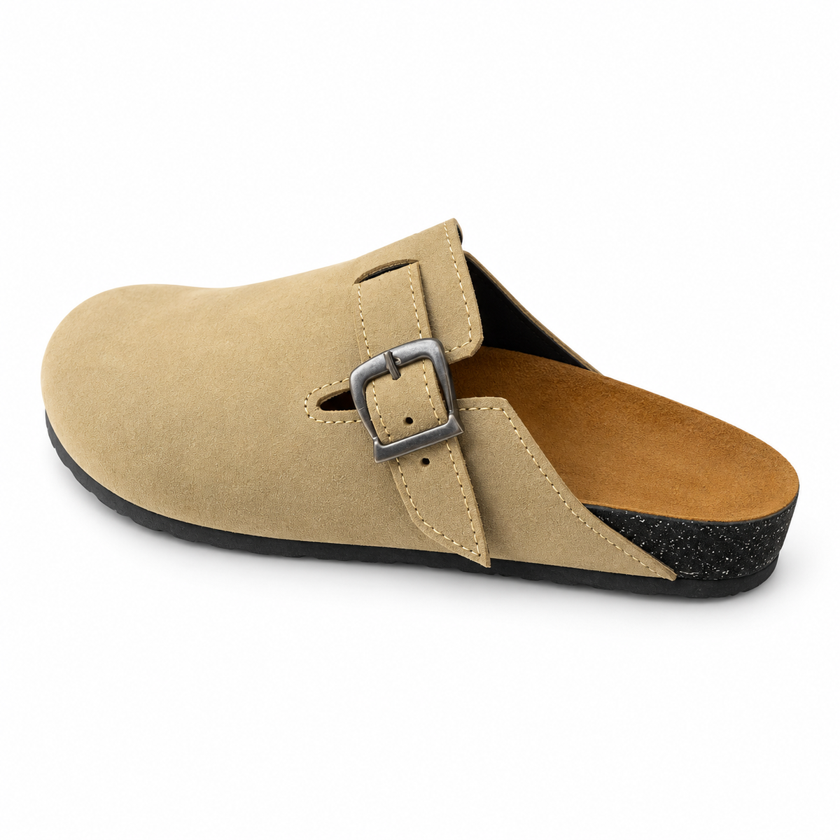 Haven Buckle Clogs in Sand, EU 37–45, rear three-quarter elevated view showing the open heel and inner footbed, whole shoe visible; do not show an invented outsole tread