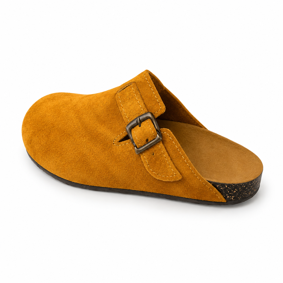 Haven Buckle Clogs in Ochre, EU 37–45, rear three-quarter elevated view showing the open heel and inner footbed, whole shoe visible; do not show an invented outsole tread