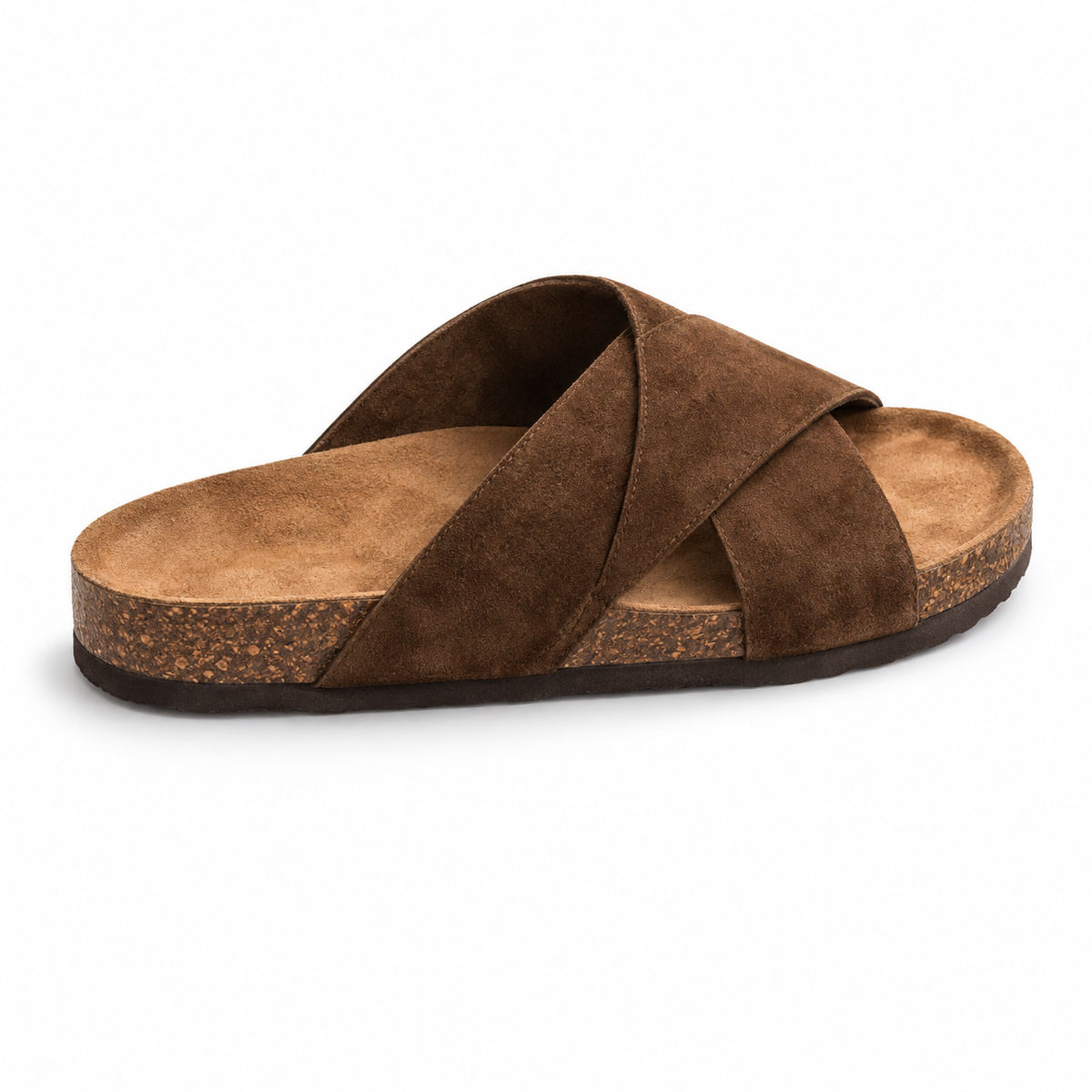 Cove Cross-Strap Slides in Mocha, EU 37–45, rear three-quarter elevated view showing the open heel and inner footbed, whole shoe visible; do not show an invented outsole tread