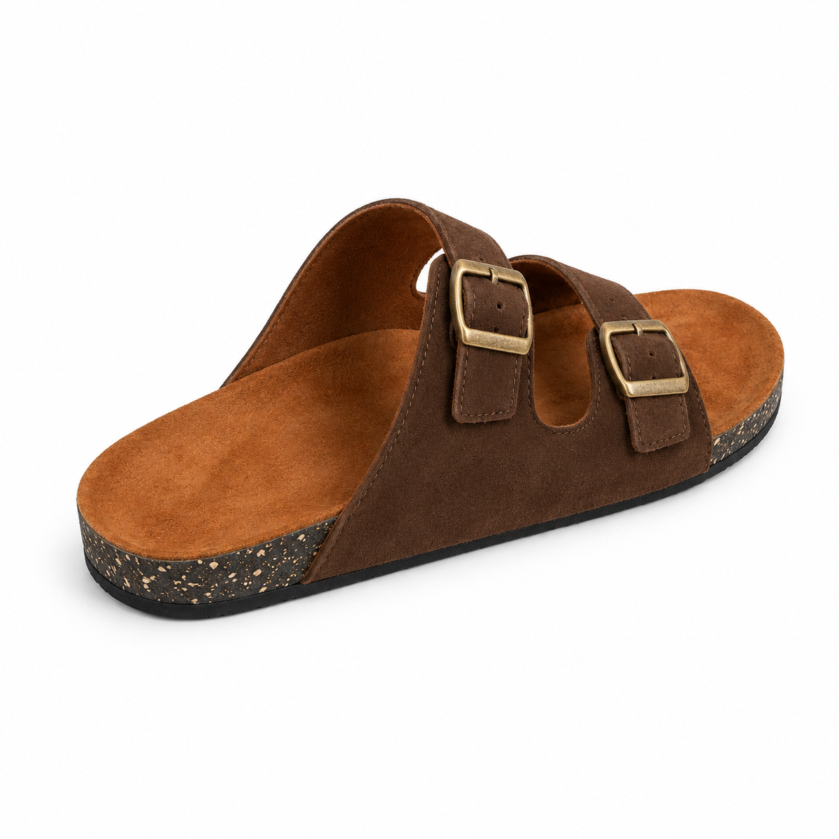 Dune Double-Buckle Sandals in Chocolate, EU 37–45, rear three-quarter elevated view showing the open heel and inner footbed, whole shoe visible; do not show an invented outsole tread