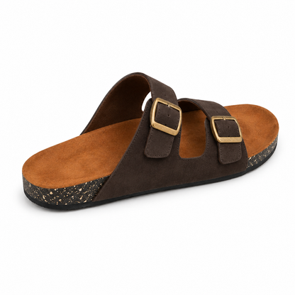 Dune Double-Buckle Sandals in Espresso, EU 37–45, rear three-quarter elevated view showing the open heel and inner footbed, whole shoe visible; do not show an invented outsole tread
