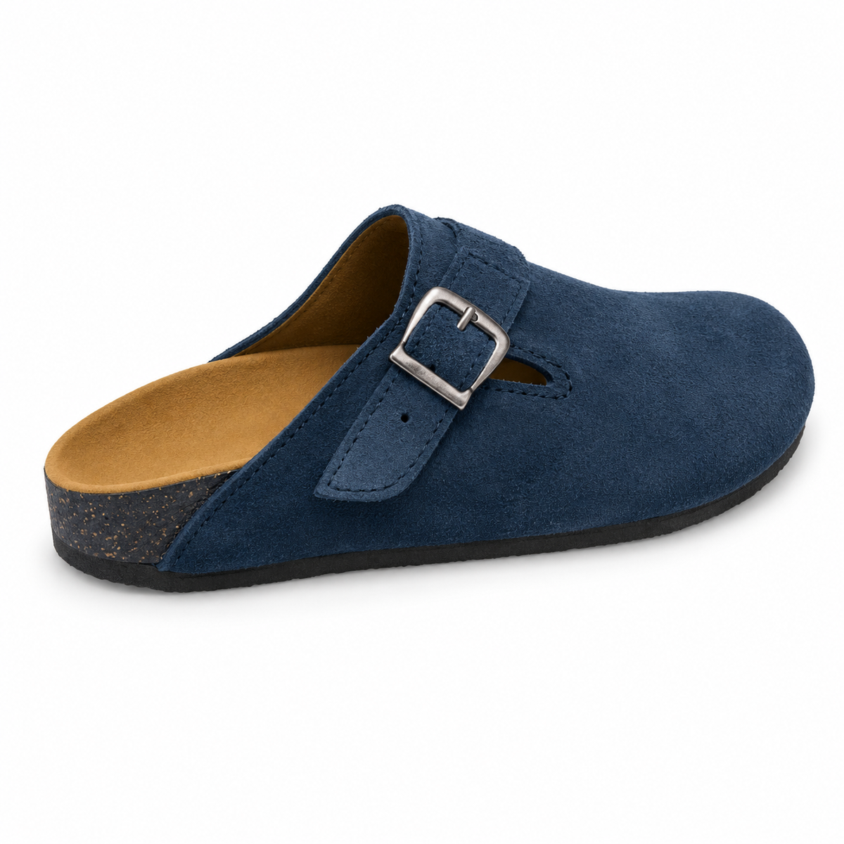 Haven Buckle Clogs in Navy, EU 37–45, rear three-quarter elevated view showing the open heel and inner footbed, whole shoe visible; do not show an invented outsole tread