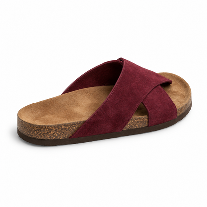 Cove Cross-Strap Slides in Burgundy, EU 37–45, rear three-quarter elevated view showing the open heel and inner footbed, whole shoe visible; do not show an invented outsole tread