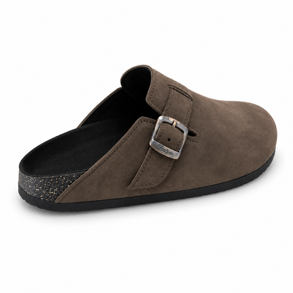 Haven Buckle Clogs in Mocha, EU 37–45, rear three-quarter elevated view showing the open heel and inner footbed, whole shoe visible; do not show an invented outsole tread