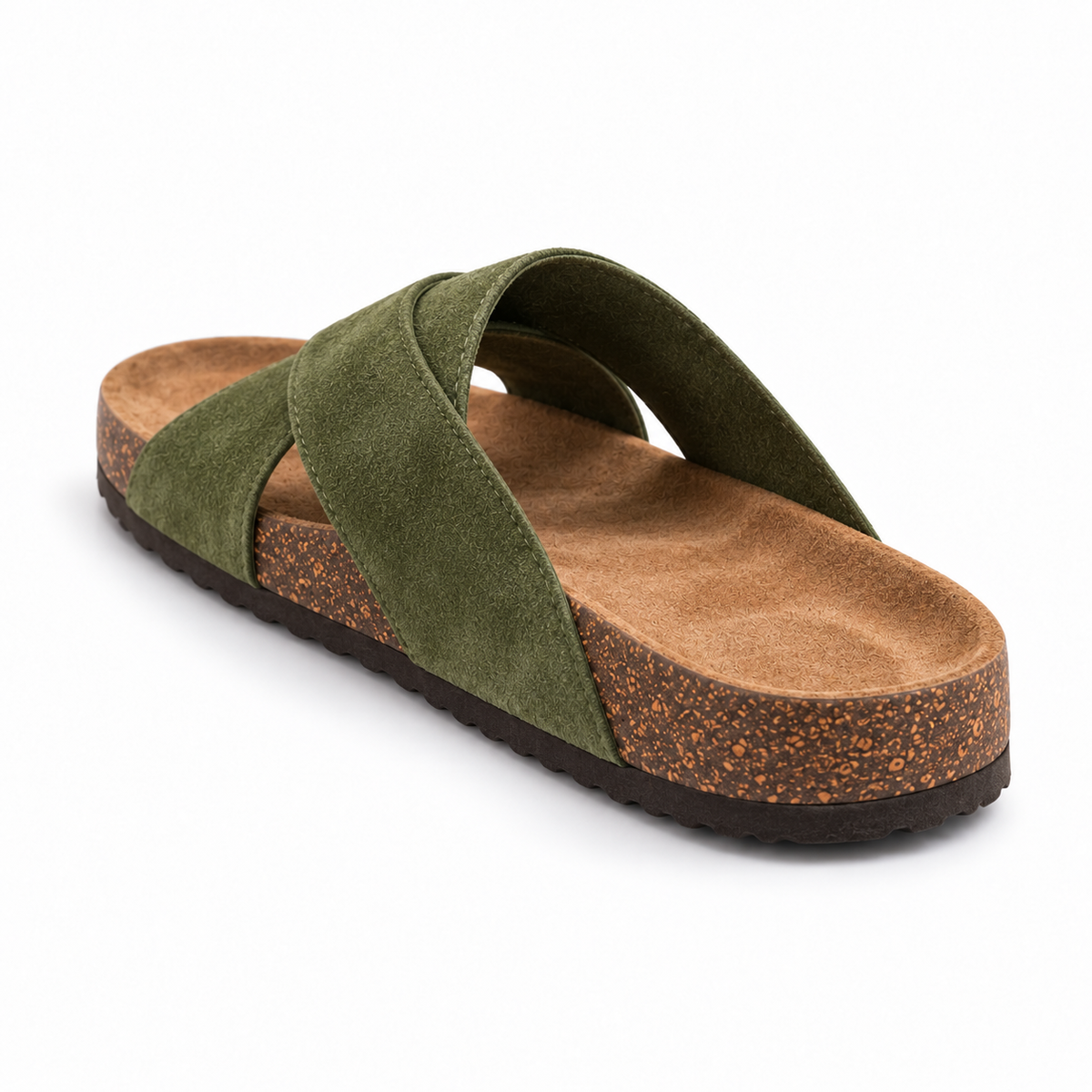 Cove Cross-Strap Slides in Olive, EU 37–45, rear three-quarter elevated view showing the open heel and inner footbed, whole shoe visible; do not show an invented outsole tread